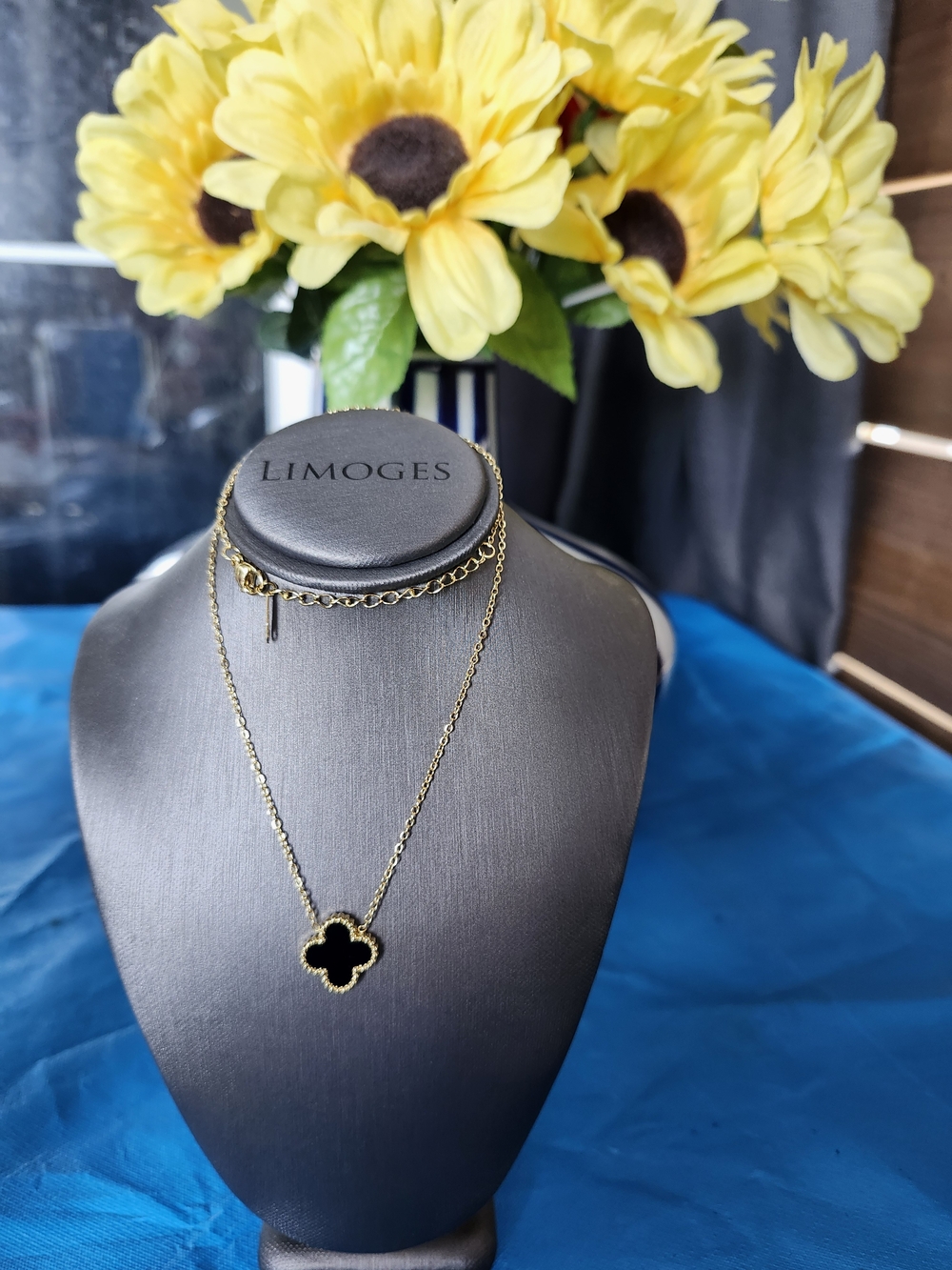 Limoges Gold-Tone Necklace with Black Clover Pendant